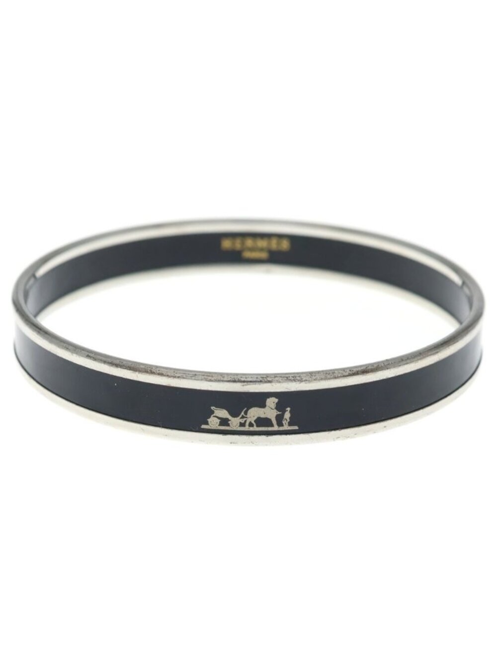 Hermes Enamel PM Caleche Bangle Bracelet Black Silver